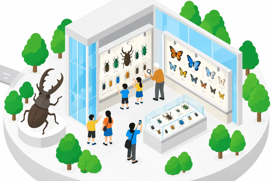 虫の標本の展示室で、子どもたちに説明する人