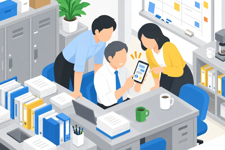職員室で、先生たちがスマホのグループをのぞき込んでいる