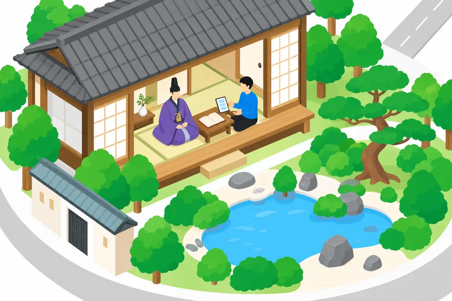 京都のお屋敷の縁側で、装束姿の人とタブレットを持った人が話す