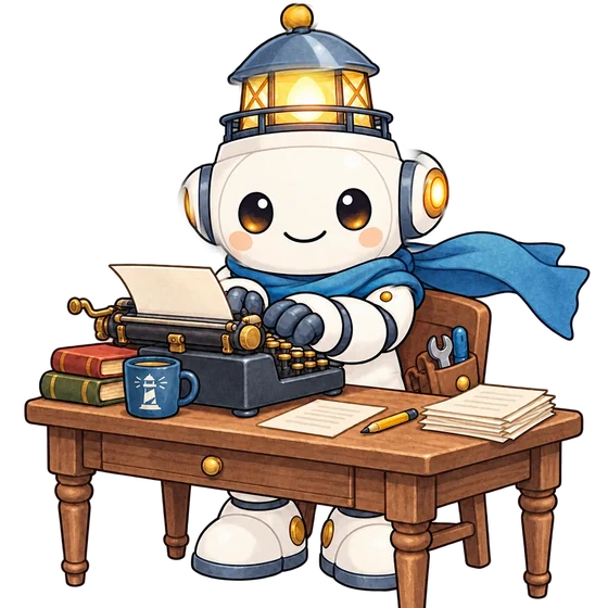 机でタイプライターを打っている、見習い記者のロボットのまもる