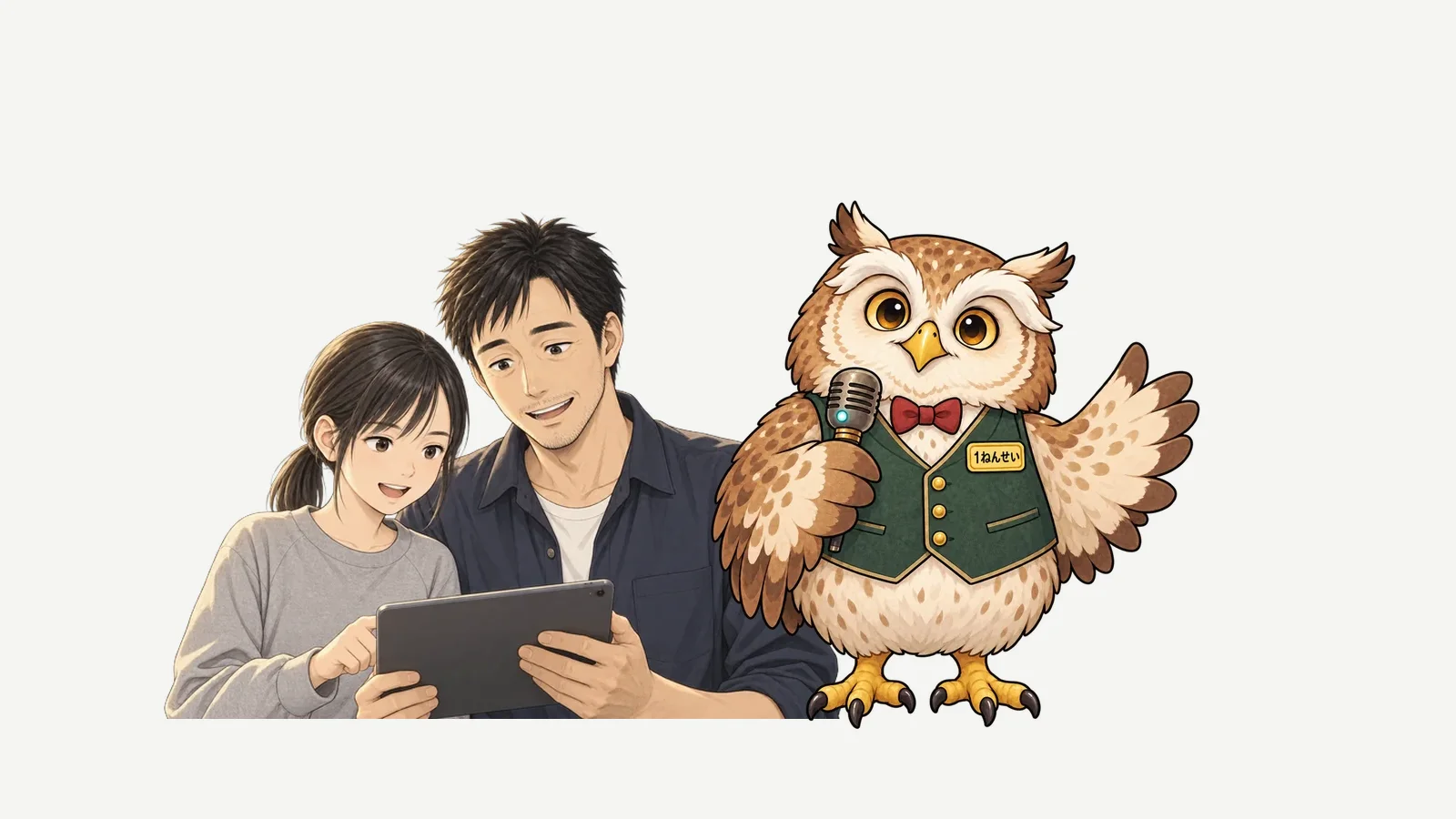 窓辺でタブレットを見る親子と、胸に「1ねんせい」の名札をつけたクイズの司会のフクロウ