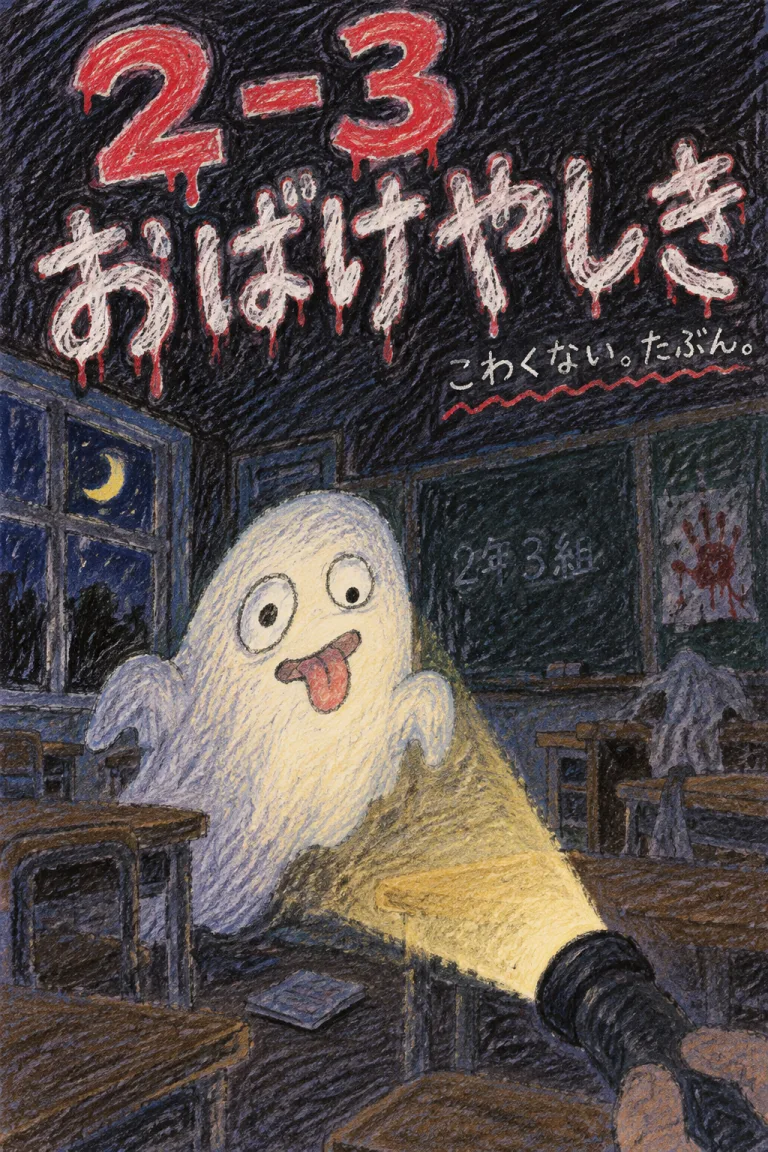 夜の教室で、懐中電灯の光の中に舌を出したまぬけな顔のおばけ。色えんぴつの絵に「2-3 おばけやしき こわくない。たぶん。」の字