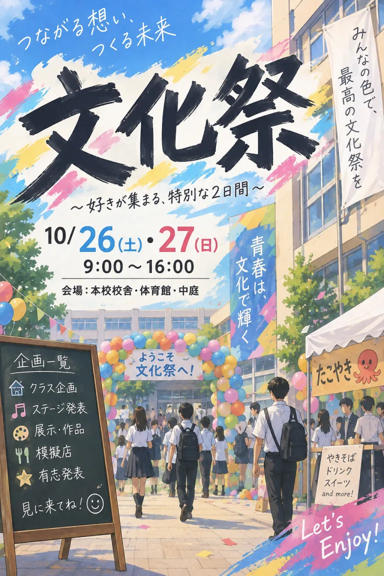 青空と校舎を背景に、大きな筆文字の「文化祭」、日付、風船、模擬店が描かれた、にぎやかなポスター