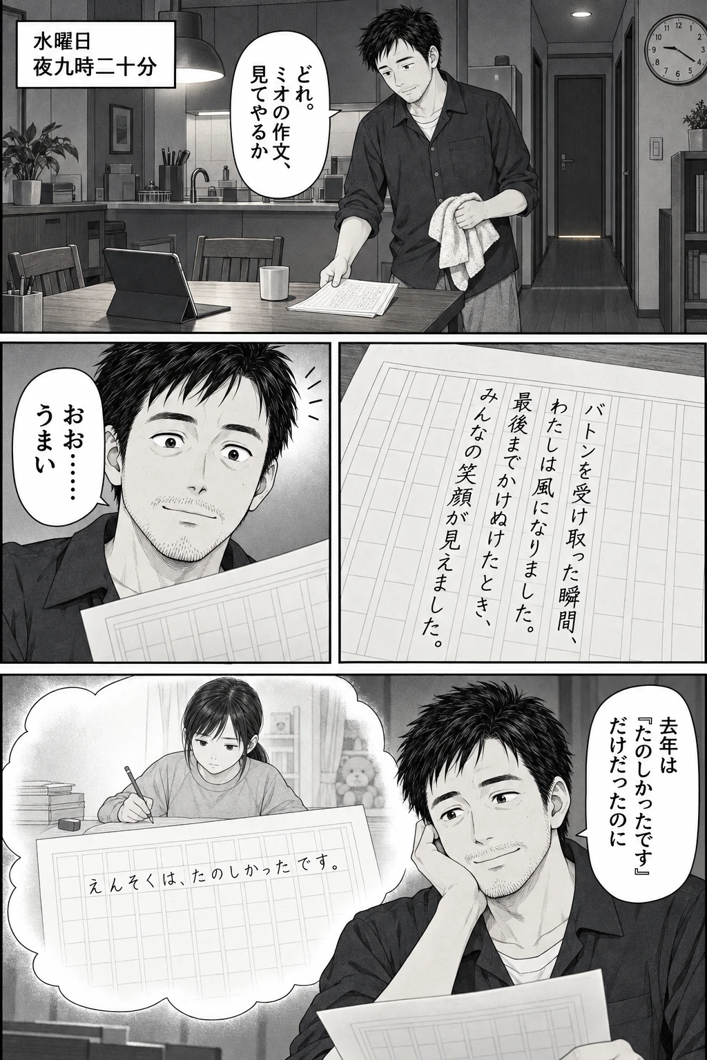第 2 話　うますぎる作文、1 ページ目。ヨウスケのモノローグ：どれ。ミオの作文、見てやるか ヨウスケ：おお……うまい ヨウスケ：去年は『たのしかったです』だけだったのに