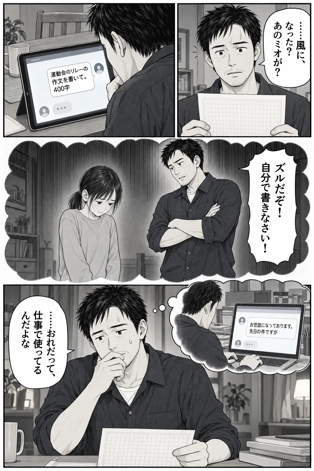 第 2 話　うますぎる作文、2 ページ目。ヨウスケ：……風に、なった？　あのミオが？ ヨウスケ：ズルだぞ！　自分で書きなさい！ ヨウスケ：……おれだって、仕事で使ってるんだよな