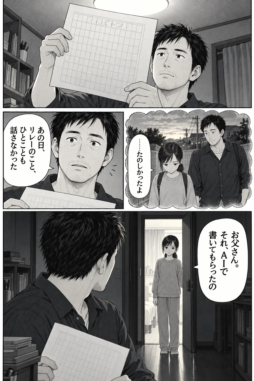 第 2 話　うますぎる作文、3 ページ目。ミオ：……たのしかったよ ヨウスケ：あの日、リレーのこと、ひとことも話さなかった ミオ：お父さん。それ、AIで書いてもらったの