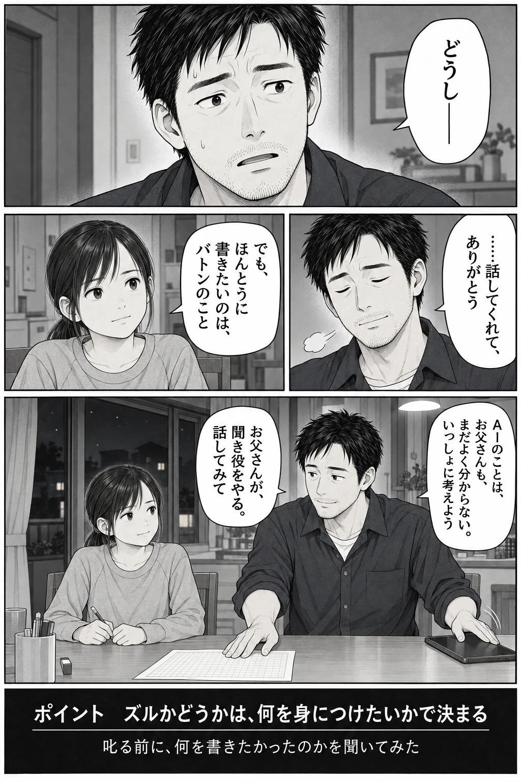 第 2 話　うますぎる作文、4 ページ目。ヨウスケ：どうし—— ヨウスケ：……話してくれて、ありがとう ミオ：でも、ほんとうに書きたいのは、バトンのこと ヨウスケ：お父さんが、聞き役をやる。話してみて ヨウスケ：AIのことは、お父さんも、まだよく分からない。いっしょに考えよう