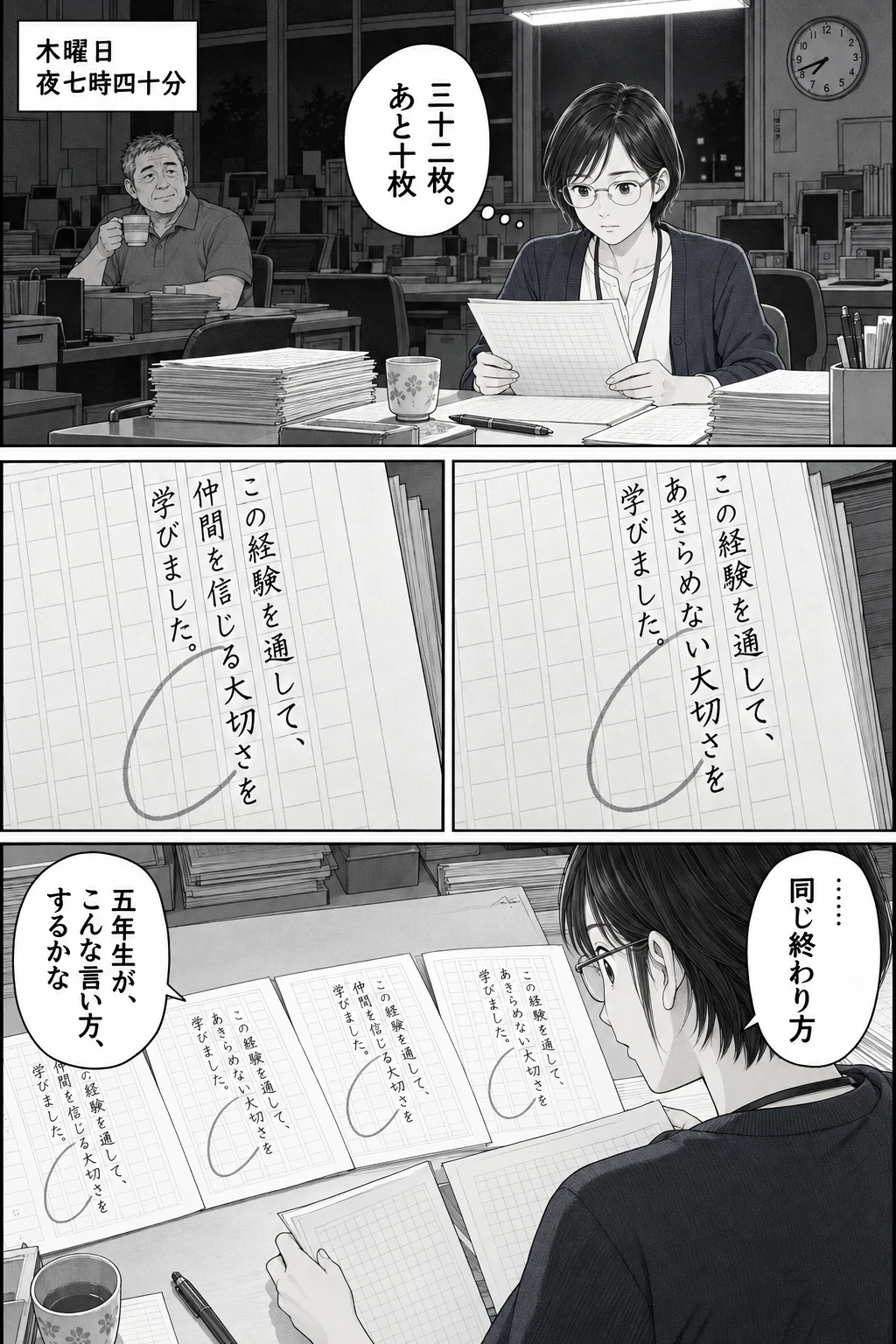 第 3 話 同じ終わりの作文、1 ページ目。サチのモノローグ:三十二枚。あと十枚 サチ:……同じ終わり方 サチ:五年生が、こんな言い方、するかな