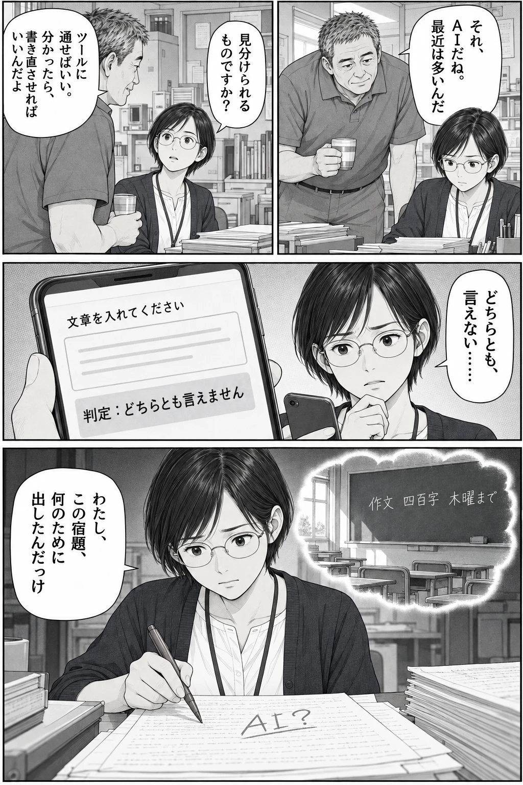 第 3 話 同じ終わりの作文、2 ページ目。久保田:それ、AIだね。最近は多いんだ サチ:見分けられるものですか? 久保田:ツールに通せばいい。分かったら、書き直させればいいんだよ サチ:どちらとも、言えない…… サチ:わたし、この宿題、何のために出したんだっけ