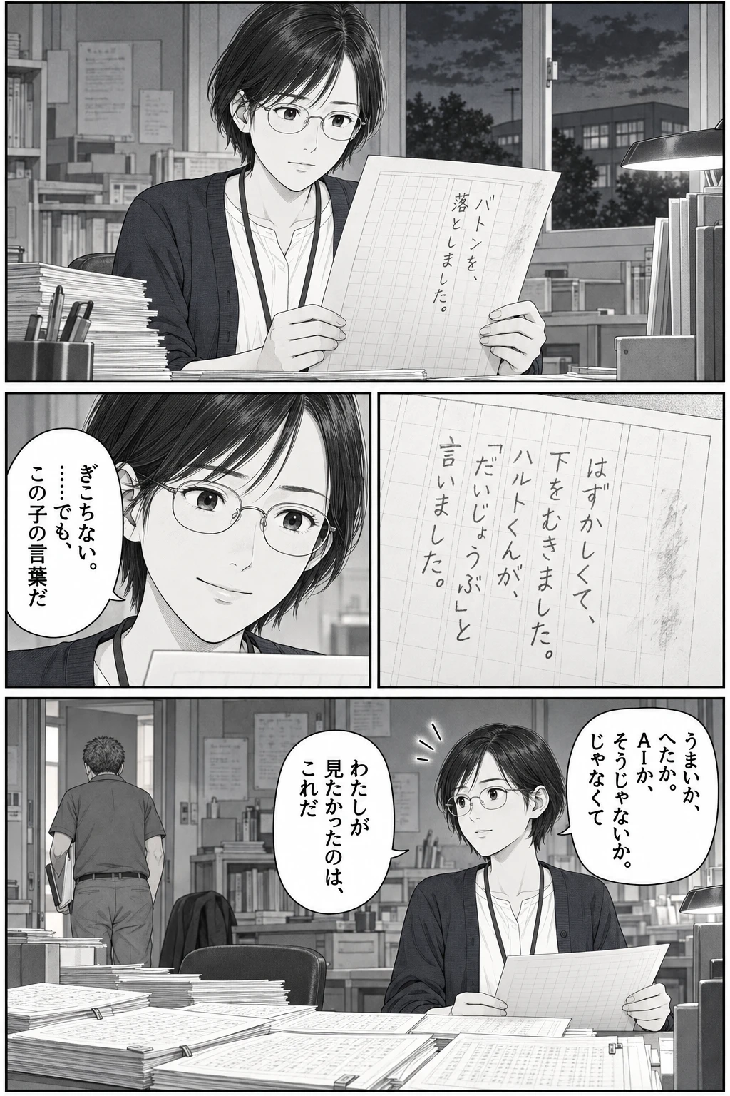 第 3 話 同じ終わりの作文、3 ページ目。サチ:ぎこちない。……でも、この子の言葉だ サチ:うまいか、へたか。AIか、そうじゃないか。じゃなくて サチ:わたしが見たかったのは、これだ