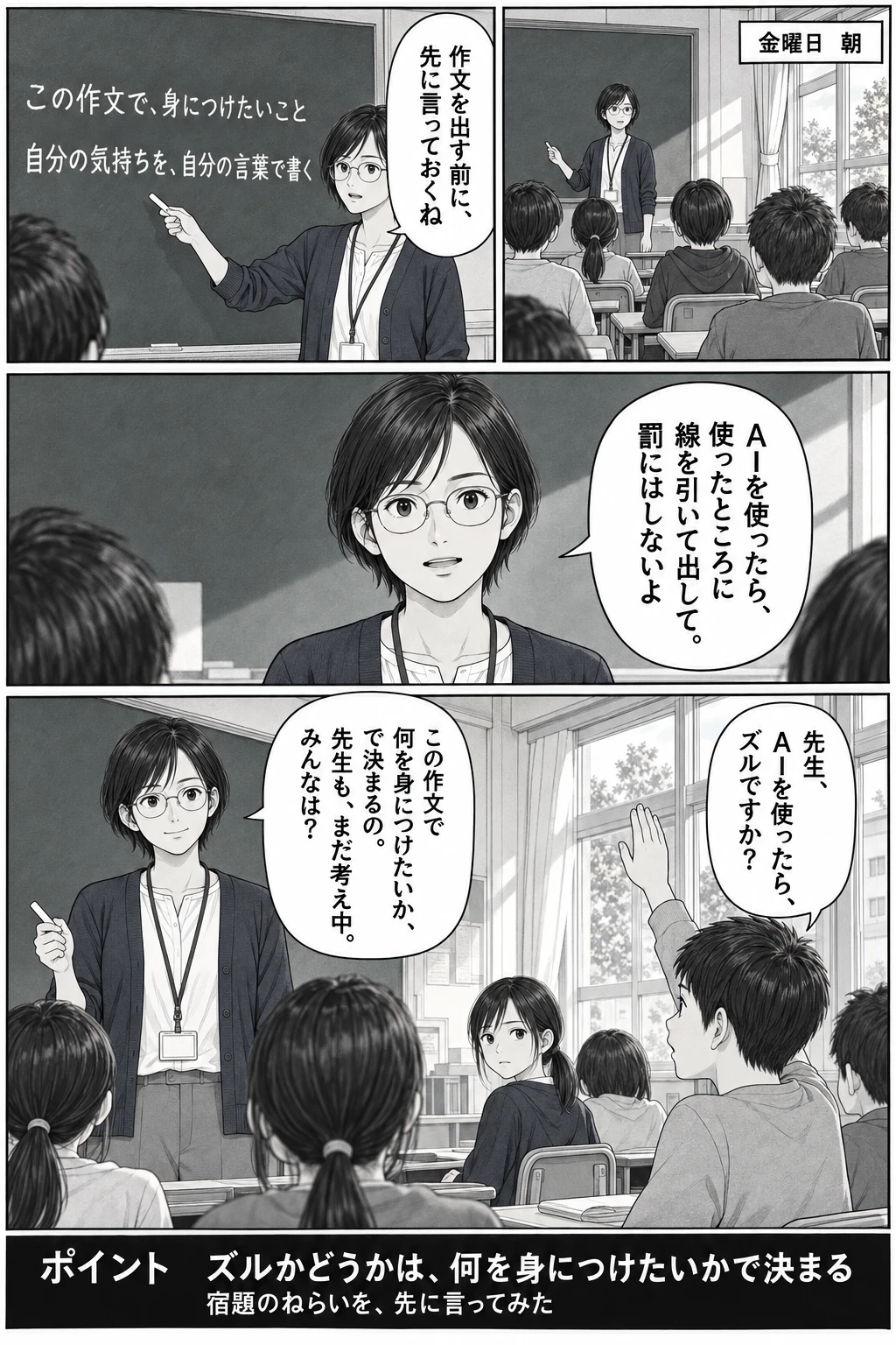 第 3 話 同じ終わりの作文、4 ページ目。サチ:作文を出す前に、先に言っておくね サチ:AIを使ったら、使ったところに線を引いて出して。罰にはしないよ 男の子:先生、AIを使ったら、ズルですか? サチ:この作文で何を身につけたいか、で決まるの。先生も、まだ考え中。みんなは?