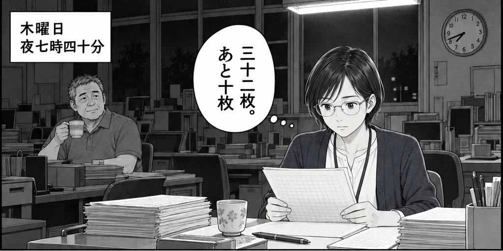木曜の夜の職員室で、同じ終わり方の作文を読む先生と、コーヒーを飲む同僚の先生（漫画の 1 コマ）