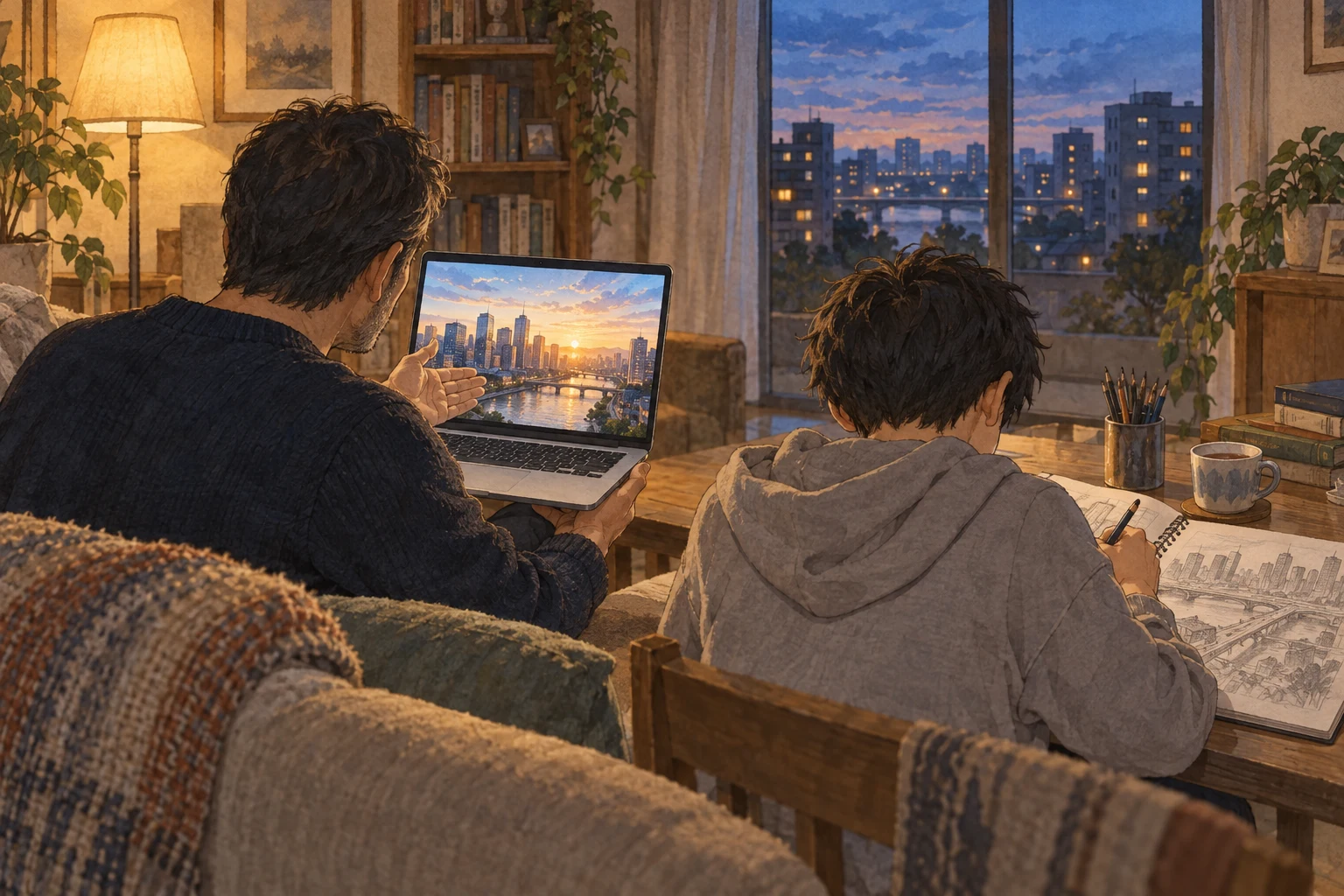 夕暮れの居間で、後ろ姿の父がノートパソコンの画面を見せようとし、その隣で、後ろ姿の息子が街の絵のスケッチブックに向かって鉛筆を動かしている