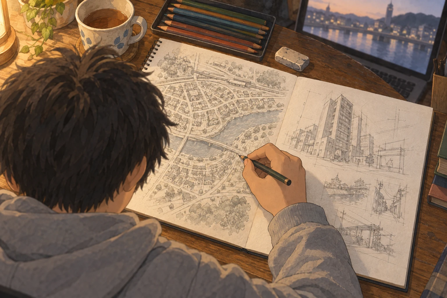 中学生の息子の街のスケッチ。道と橋と建物が鉛筆で描かれている