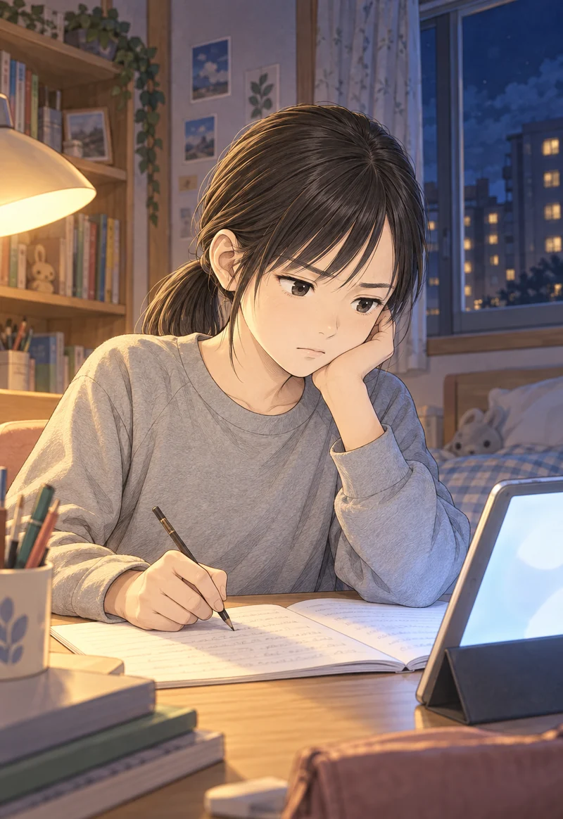 夜の部屋の机で、頬杖をついてノートに書きながら考えこむ女の子。そばにタブレットがある