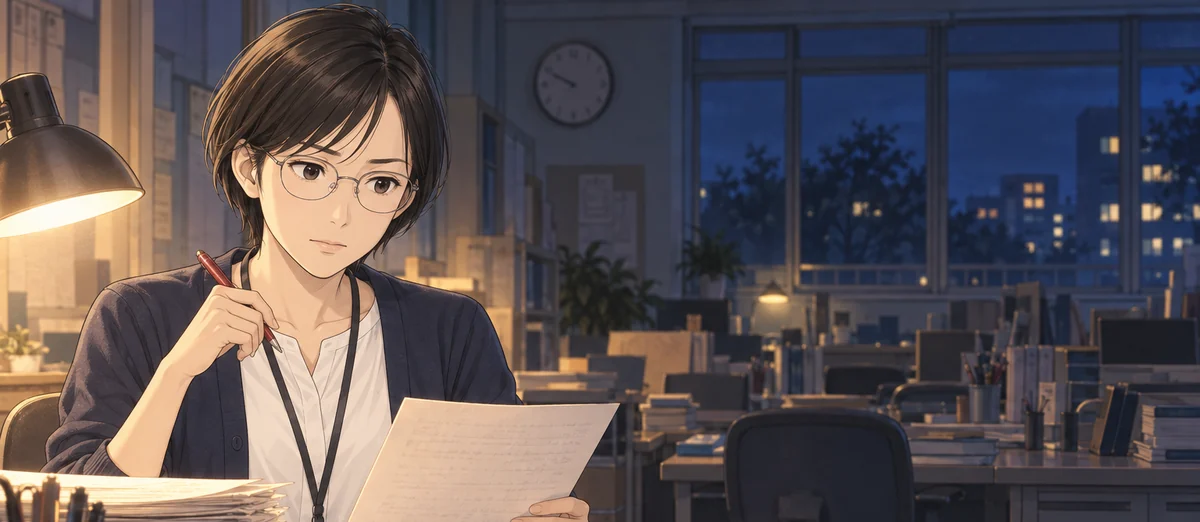 夜の職員室で、ペンを手に作文を読むメガネの女の先生