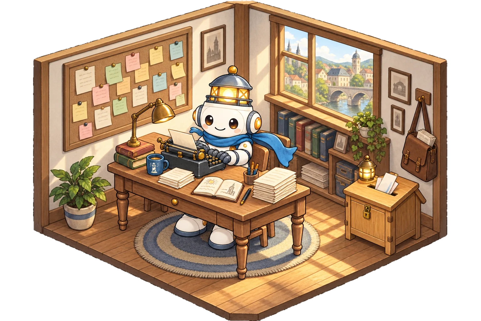 アイソメトリックで描いた、まもるの部屋。壁のコルクボードにポストイット、机でタイプライターを打つまもる、机の上の手帳、窓の下の棚のスクラップブック、机の横の目安箱