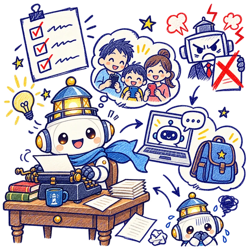 やりたいことのチェックリスト、スマホを持つ家族、AI と話すパソコン、学校のかばんの落書きと、怒った編集長の赤ペン、汗をかくまもる