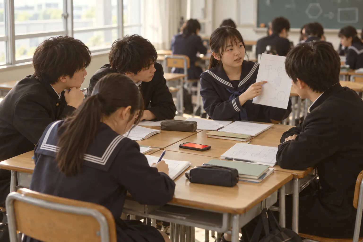 高校の教室のグループワーク。机をくっつけた班の島で、図を描いたプリントを掲げて説明する生徒と、聞く四人。島の真ん中でスマホが赤く光って録っている
