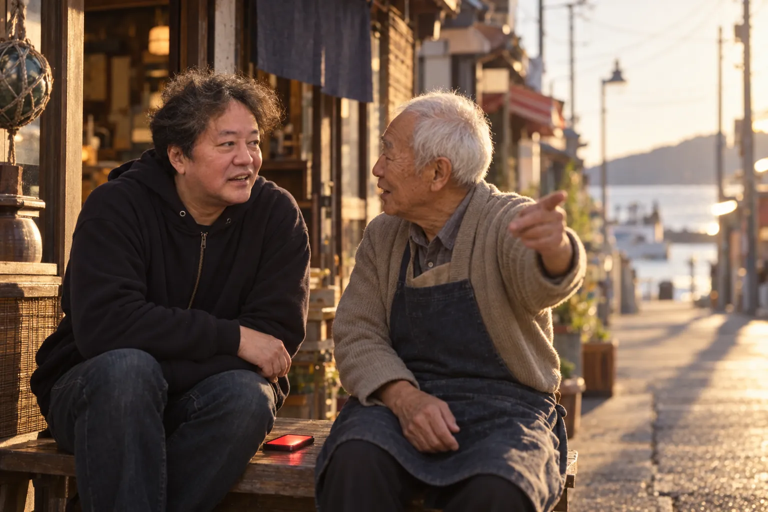 商店街のベンチで、店の前に座るおじいさんの話を聞く平野