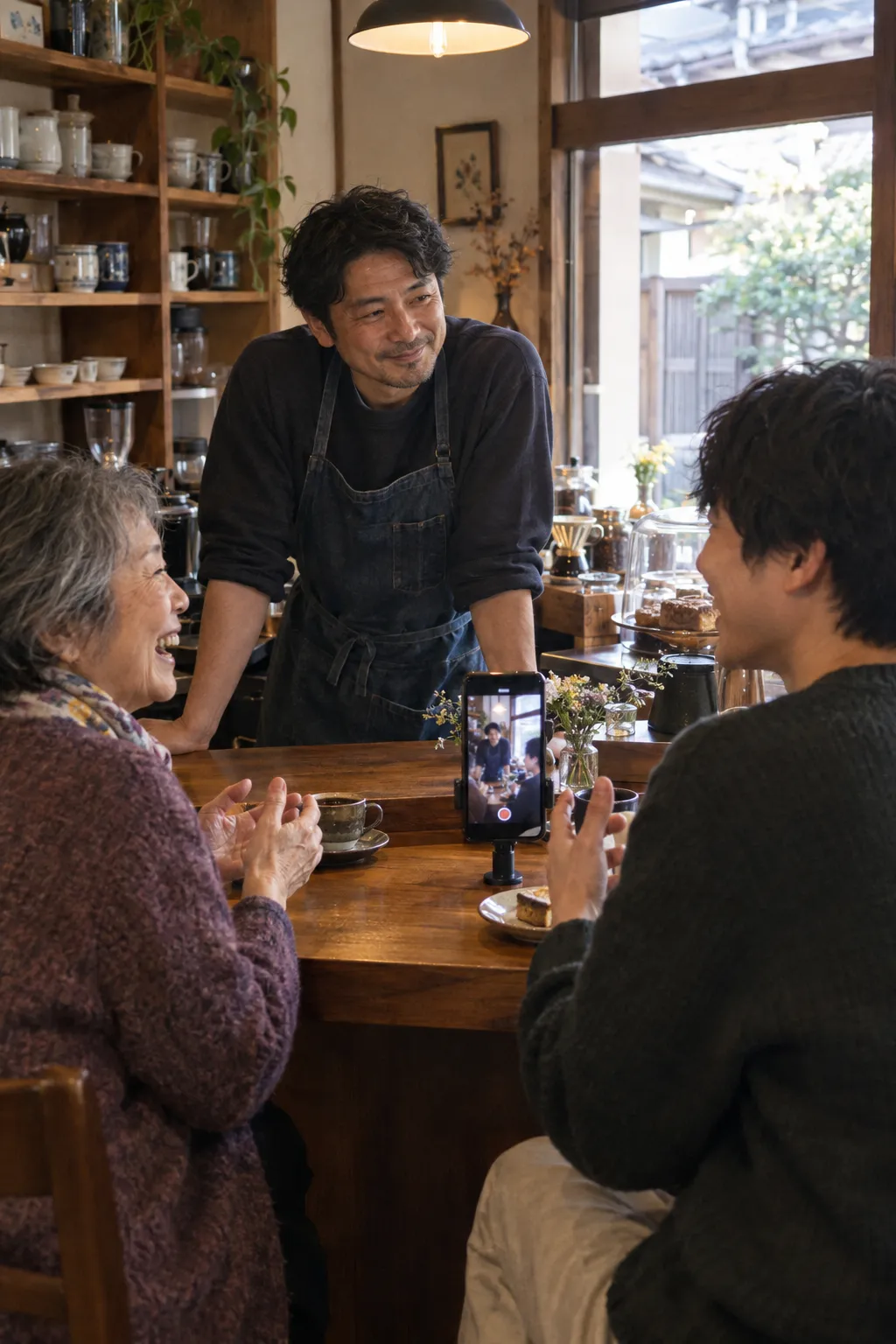 喫茶店のカウンターで、常連さんと話す店主