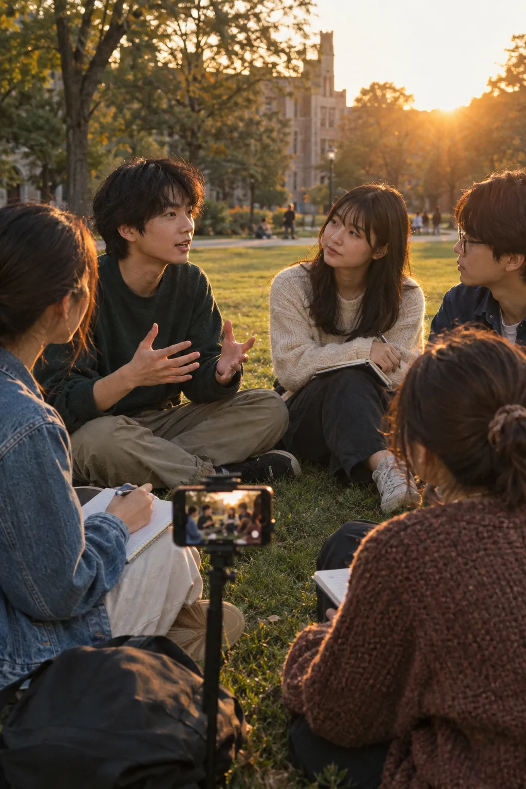 キャンパスの芝生に座って語り合う、大学のゼミの五人
