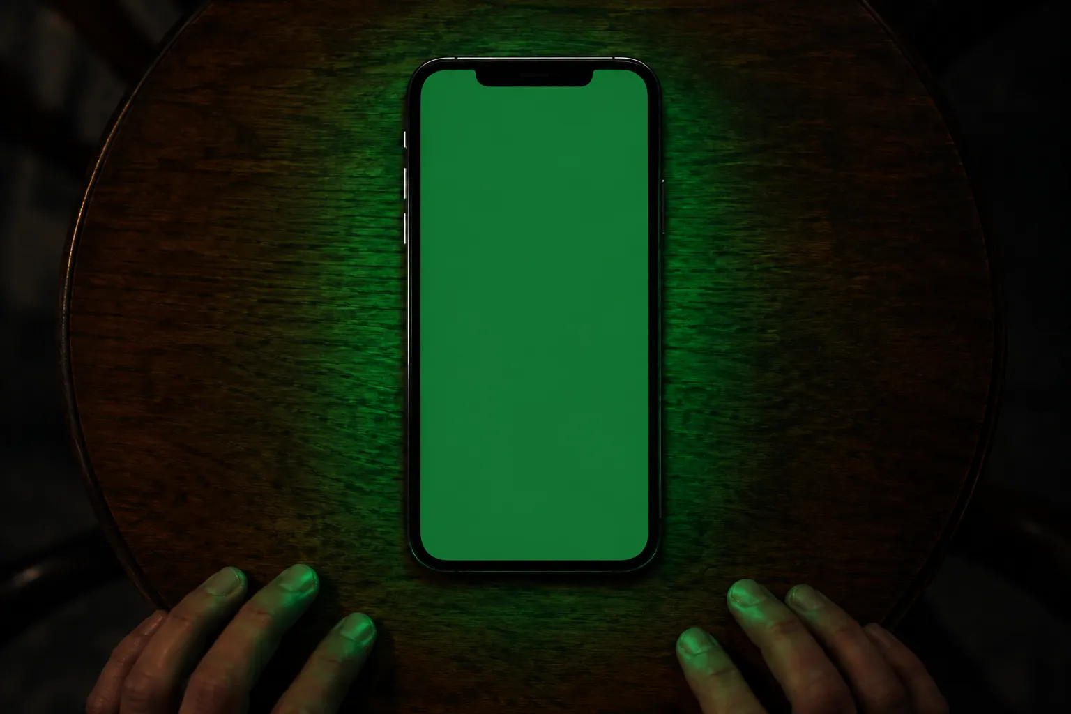 円卓の上で、緑に光るスマホの画面